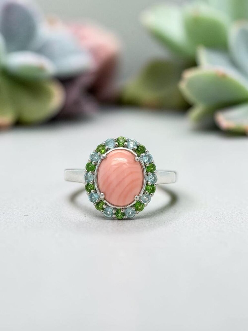 Karis Oregon Peach Opal and Gemstone Halo Ring